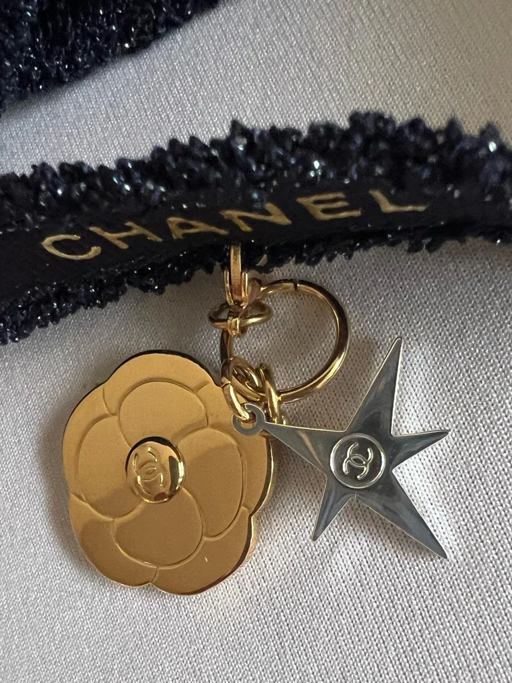 CHANEL Blue Ribbon Rope Charm Gold Camellia with silver Star New